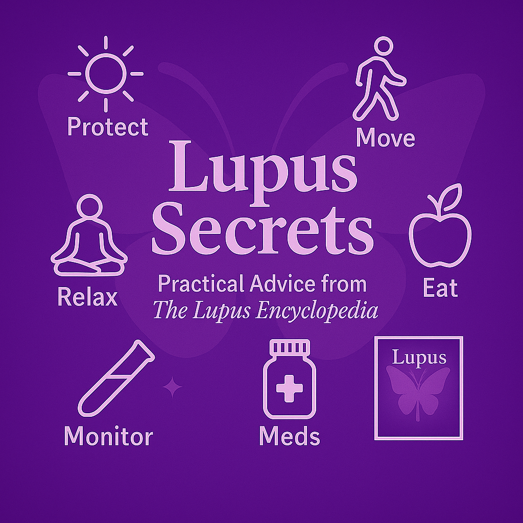 Logo for the Lupus Secrets that includes symbols for relaxing, eating, moving, preventing sun exposure, monitoring labs, and taking medicine